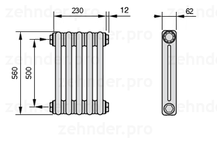Схема (чертеж) Радиатор Zehnder Charleston 2056/5 №1270 Белый глянцевый RAL 9016